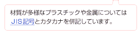 材質が多様なプラスチックや金属についてはＪＩＳ記号とカタカナを併記しています。