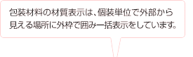 包装材料の材質表示は、個装単位で外部から見える場所に外枠で囲み一括表示をしています。