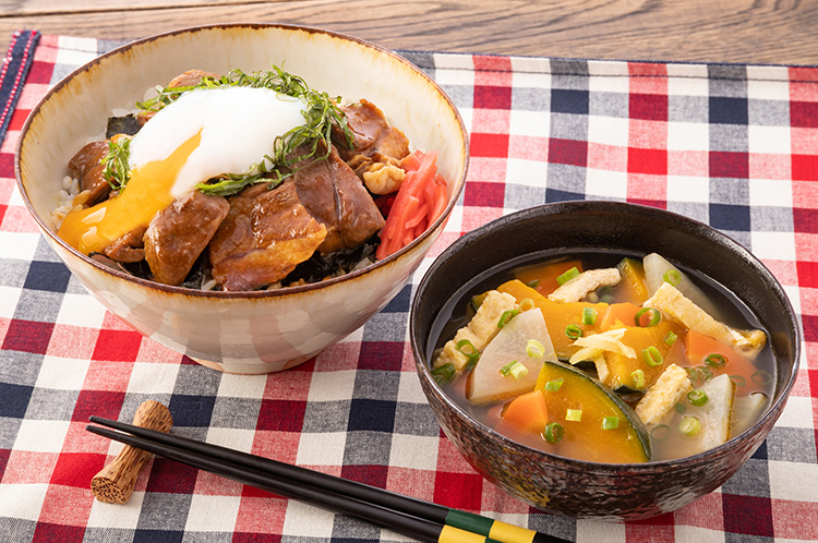 ぽかぽかけんちん和風スープ と 「スチーミー」チャーシュー丼