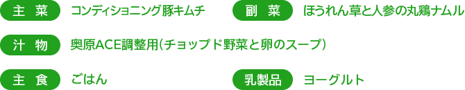 ［主菜］コンディショニング豚キムチ　［副菜］ほうれん草と人参の丸鶏ナムル　［汁物］奥原ACE調整用（チョップド野菜と卵のスープ）　［主食］ごはん 　［乳製品］ヨーグルト