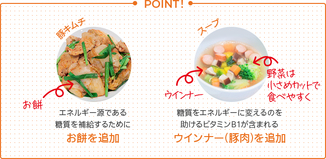 POINT!　［豚キムチ］エネルギー源である糖質を補給するためにお餅を追加　［スープ］糖質をエネルギーに変えるのを 助けるビタミンB1が含まれる ウインナー（豚肉）を追加　野菜は 小さめカットで 食べやすく